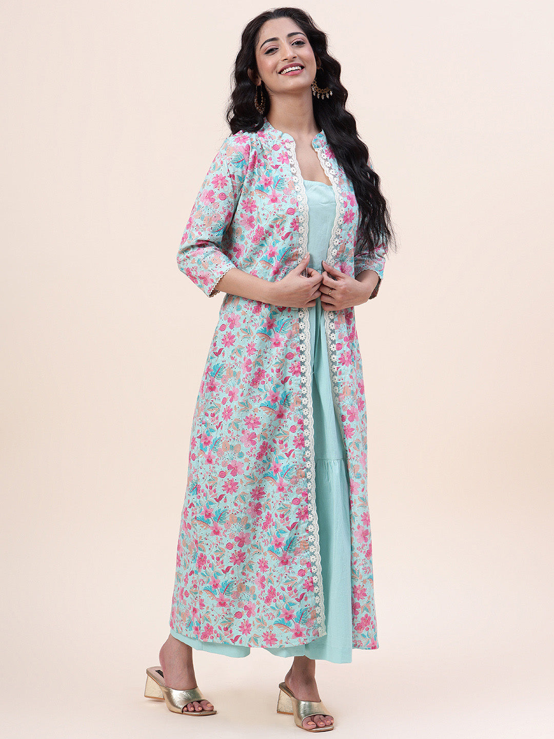 Floral Printed Cotton Gown With Jacket