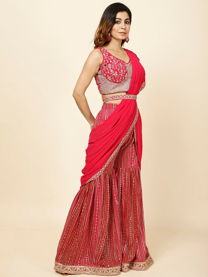 Zari Embroidered Crepe Crop Top With Dupatta &amp; Sharara
