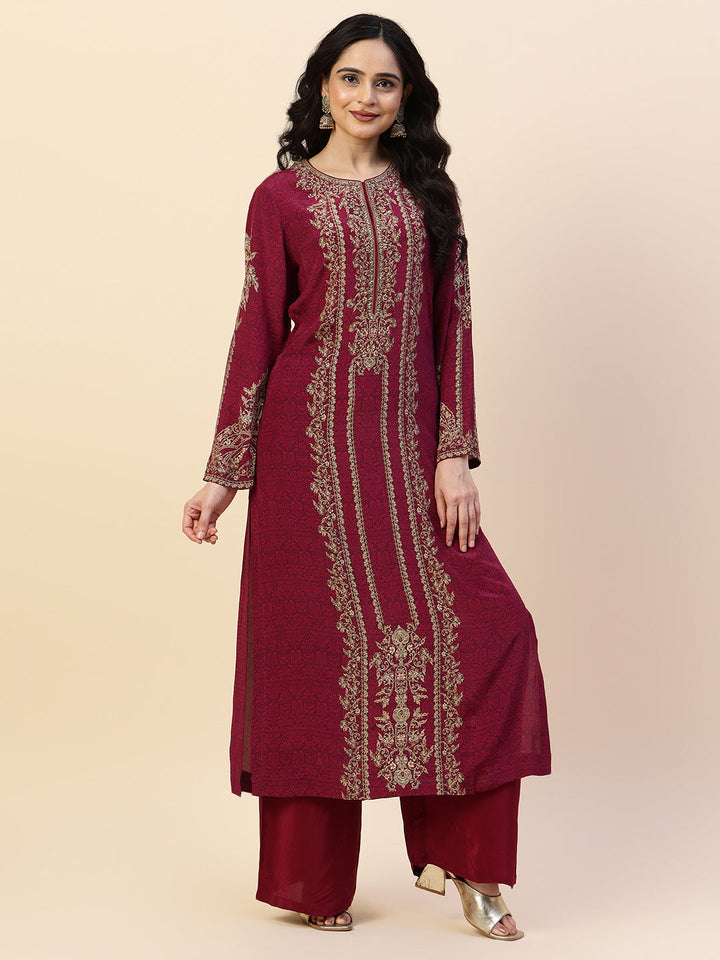 Digital Printed Crepe Kurta With Palazzo &amp; Dupatta
