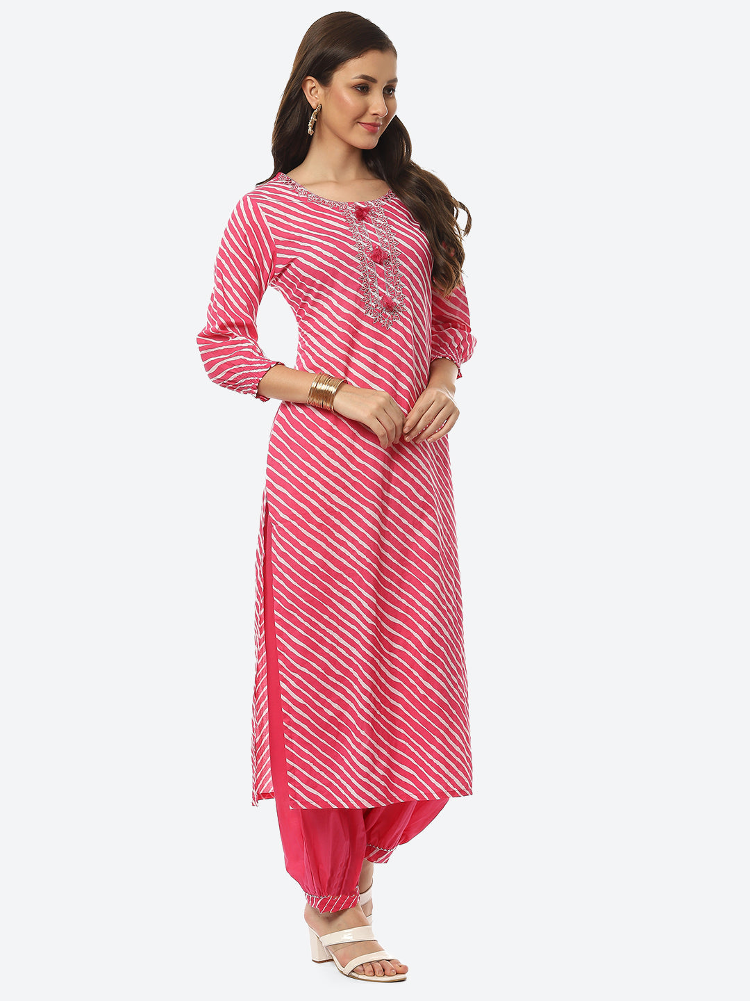 Printed Neck Embroidered Cotton Kurta With Pant