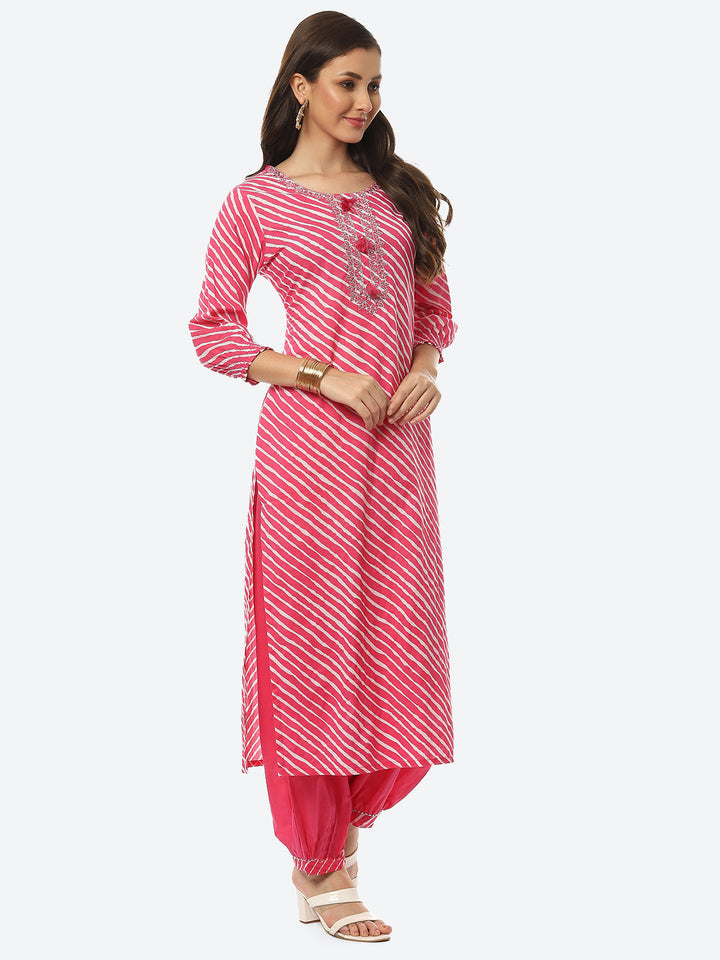 Printed Neck Embroidered Cotton Kurta With Pant