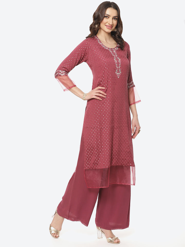 Resham Booti Neck Work Crepe Georgette Stitched Salwar Kameez With Embroidered Dupatta