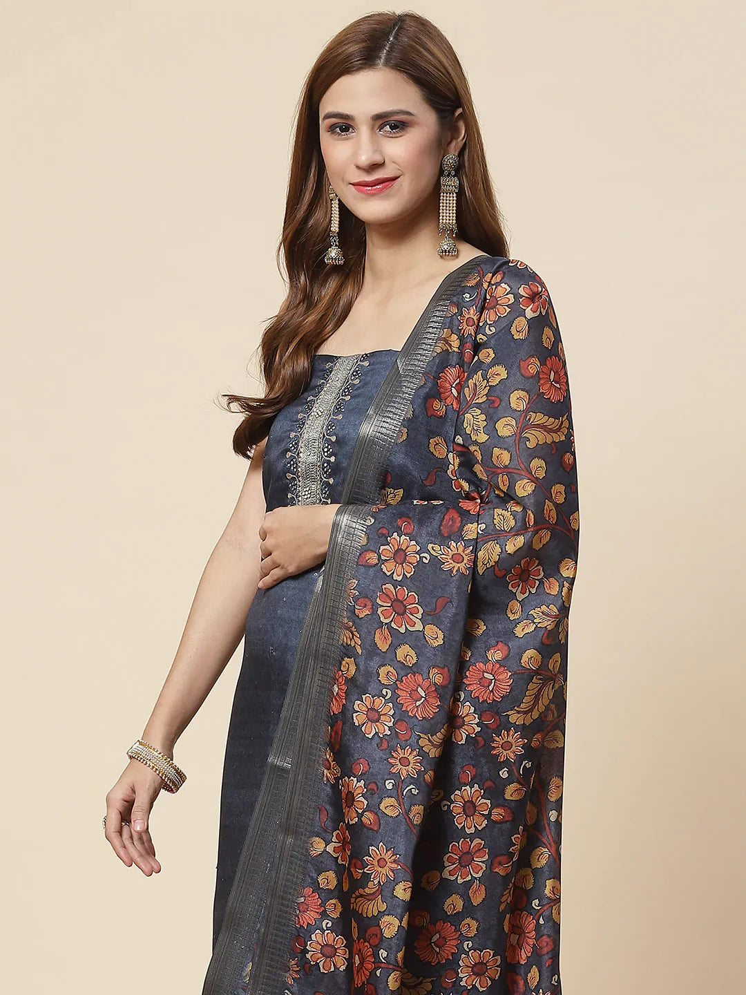 Neck Embroidered Chanderi Unstitched Suit Piece With Dupatta