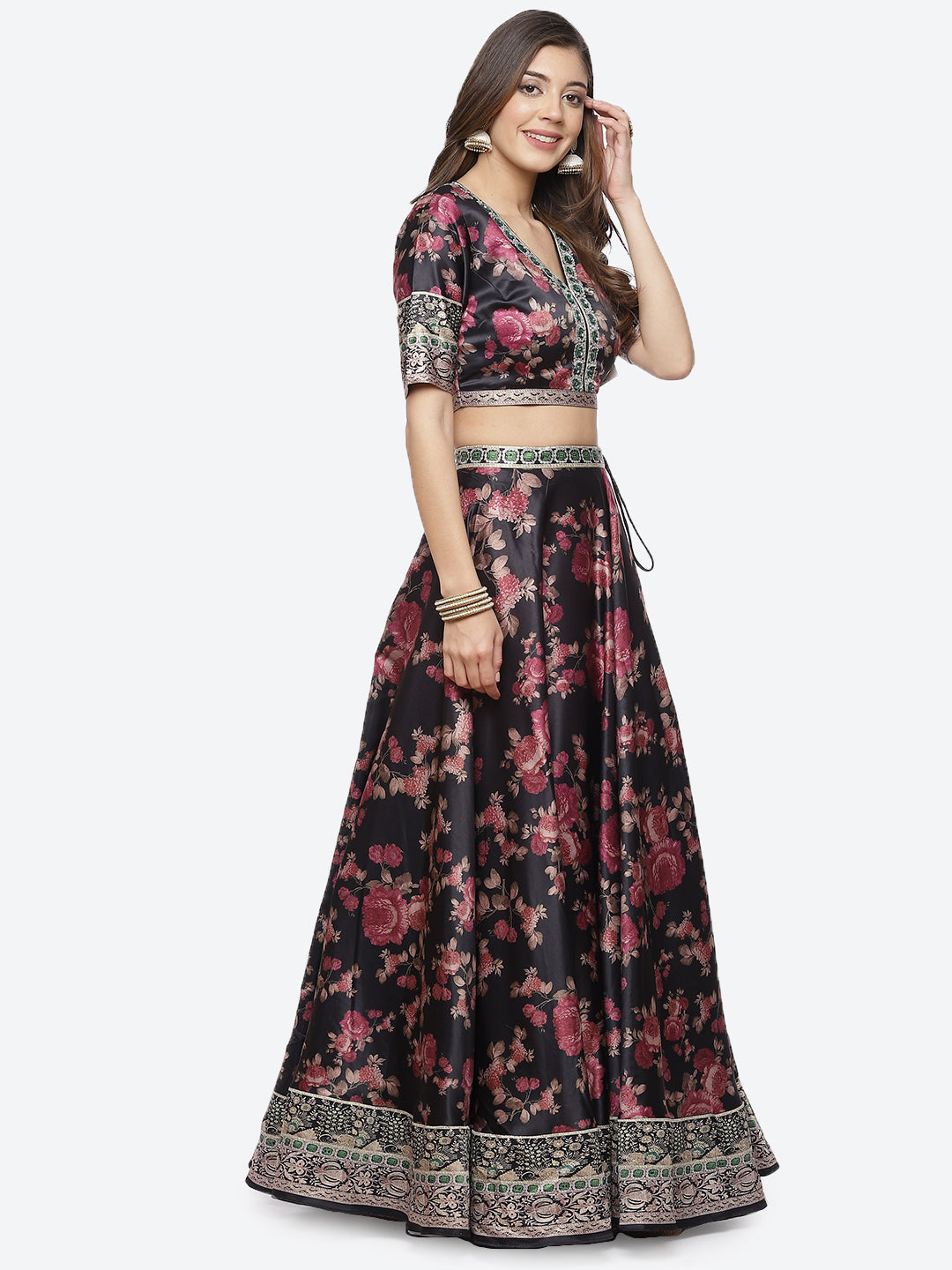 Floral Printed Satin Choli With Lehenga & Net Dupatta