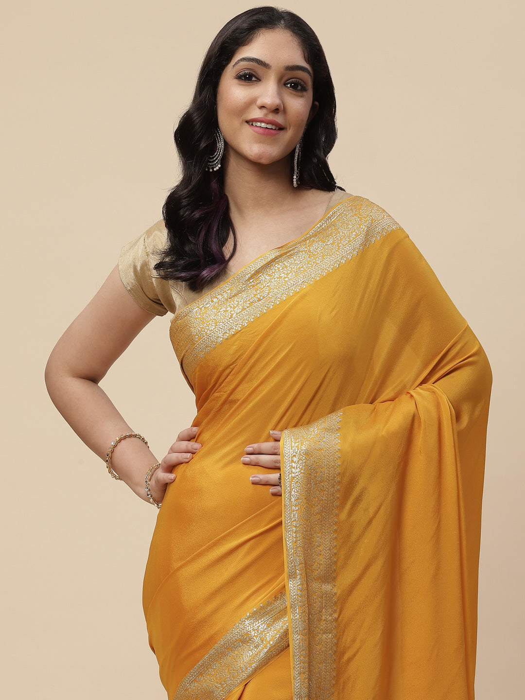 Zari Border Crepe Plain Saree