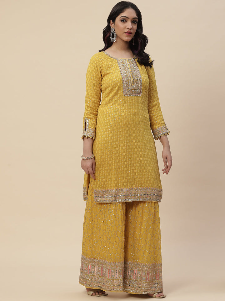 Sequin Embroidered Georgette Kurta With Sharara &amp; Dupatta