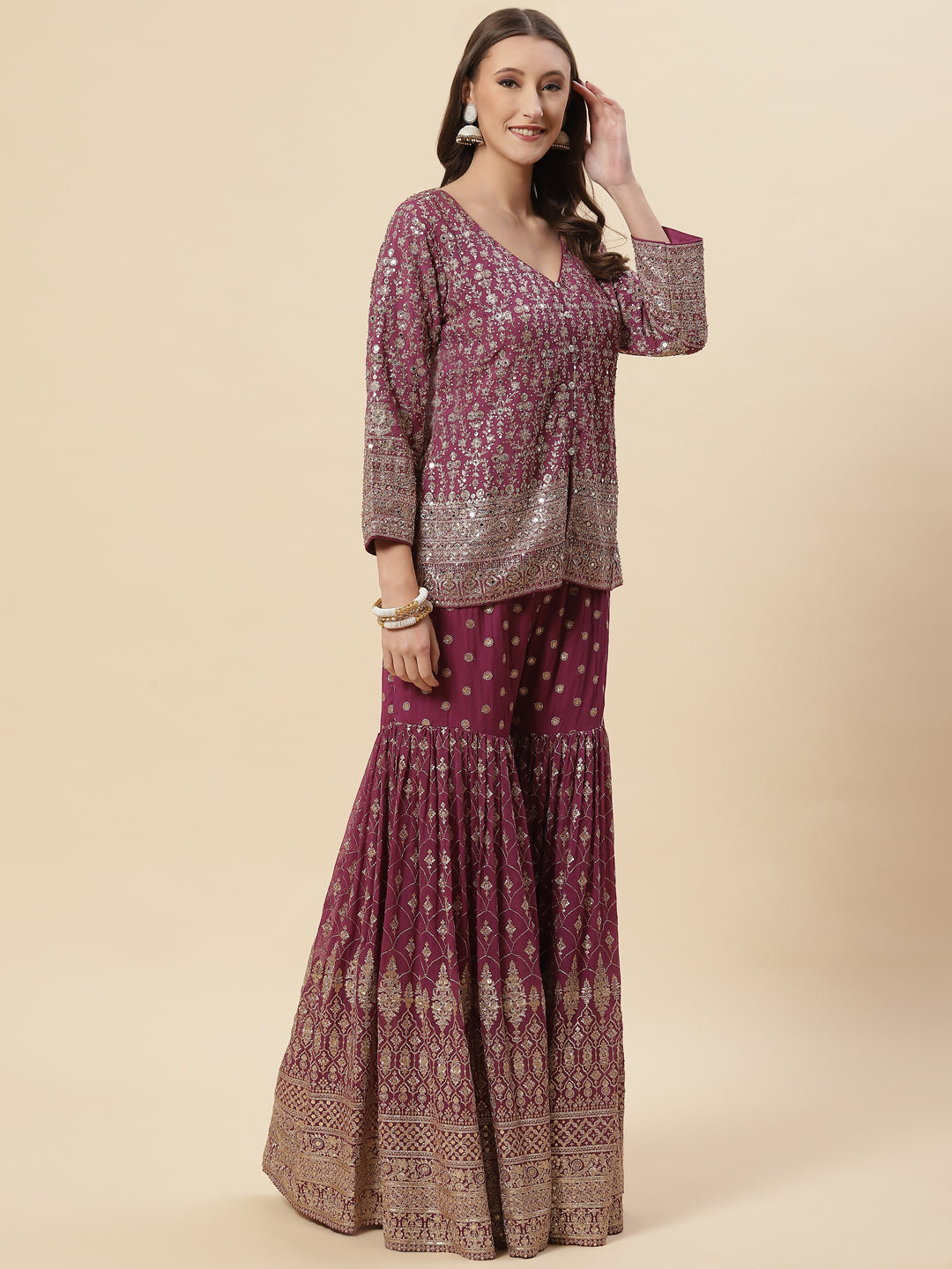 Sequin Resham Embroidered Georgette Crop Top With Jacket Garara &amp; Dupatta