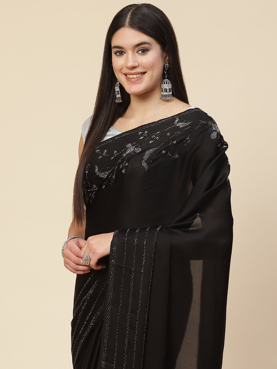 Stone Work Embroidered Satin Saree