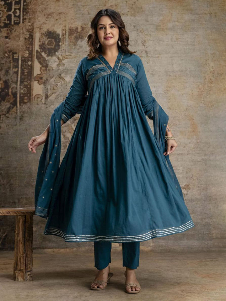 Blue Cotton Blend Embroidered Straight Suit Set