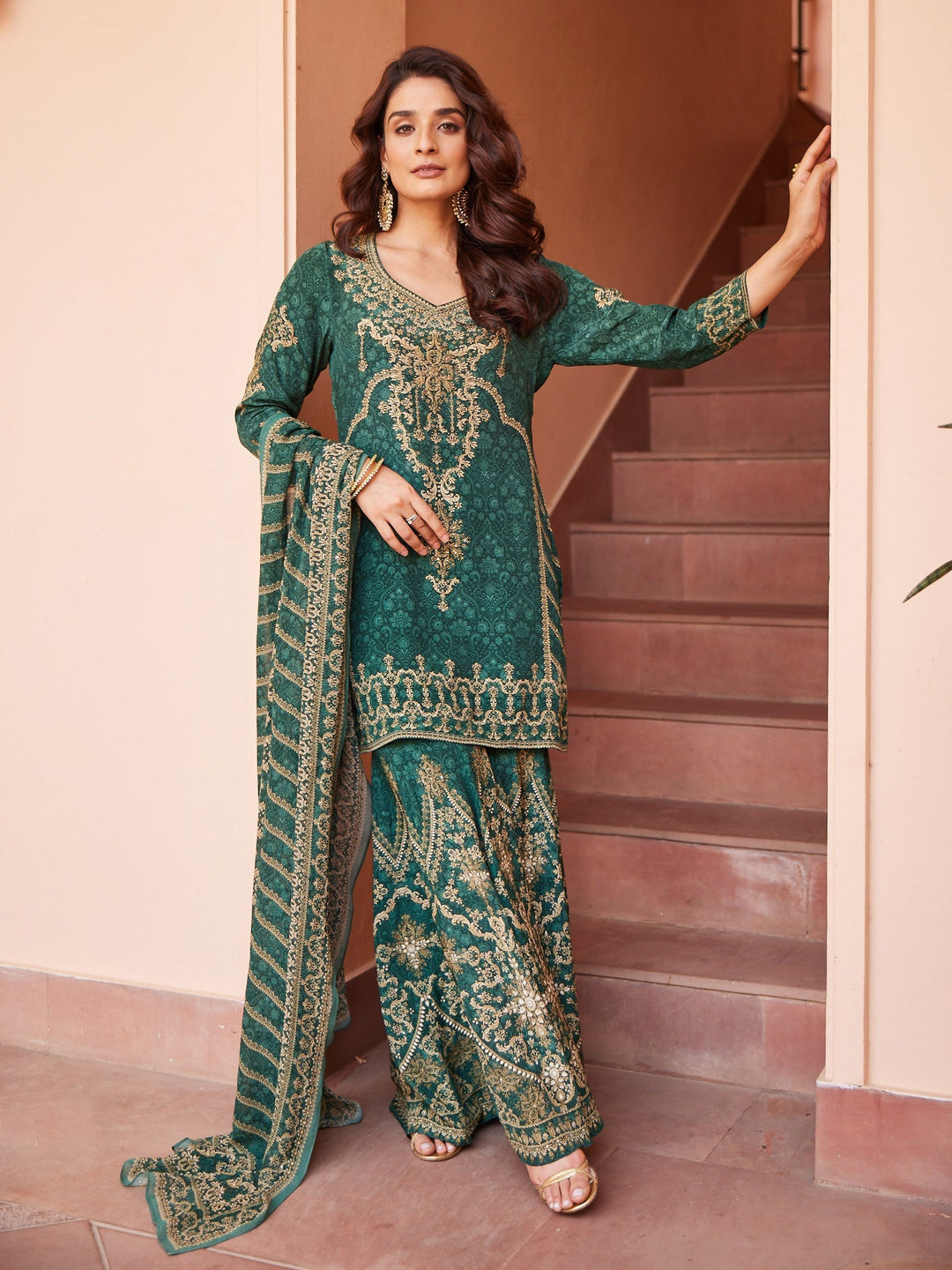 Digital Printed Crepe Kurta With Sharara &amp; Georgette Dupatta