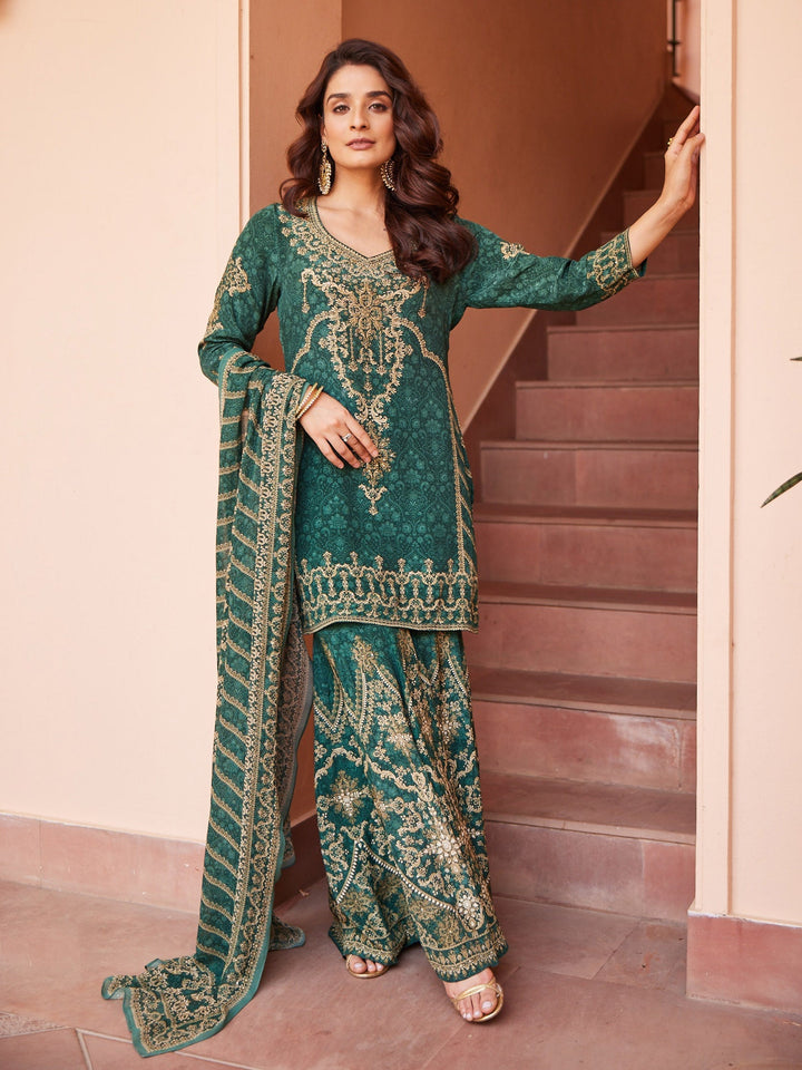 Digital Printed Crepe Kurta With Sharara &amp; Georgette Dupatta