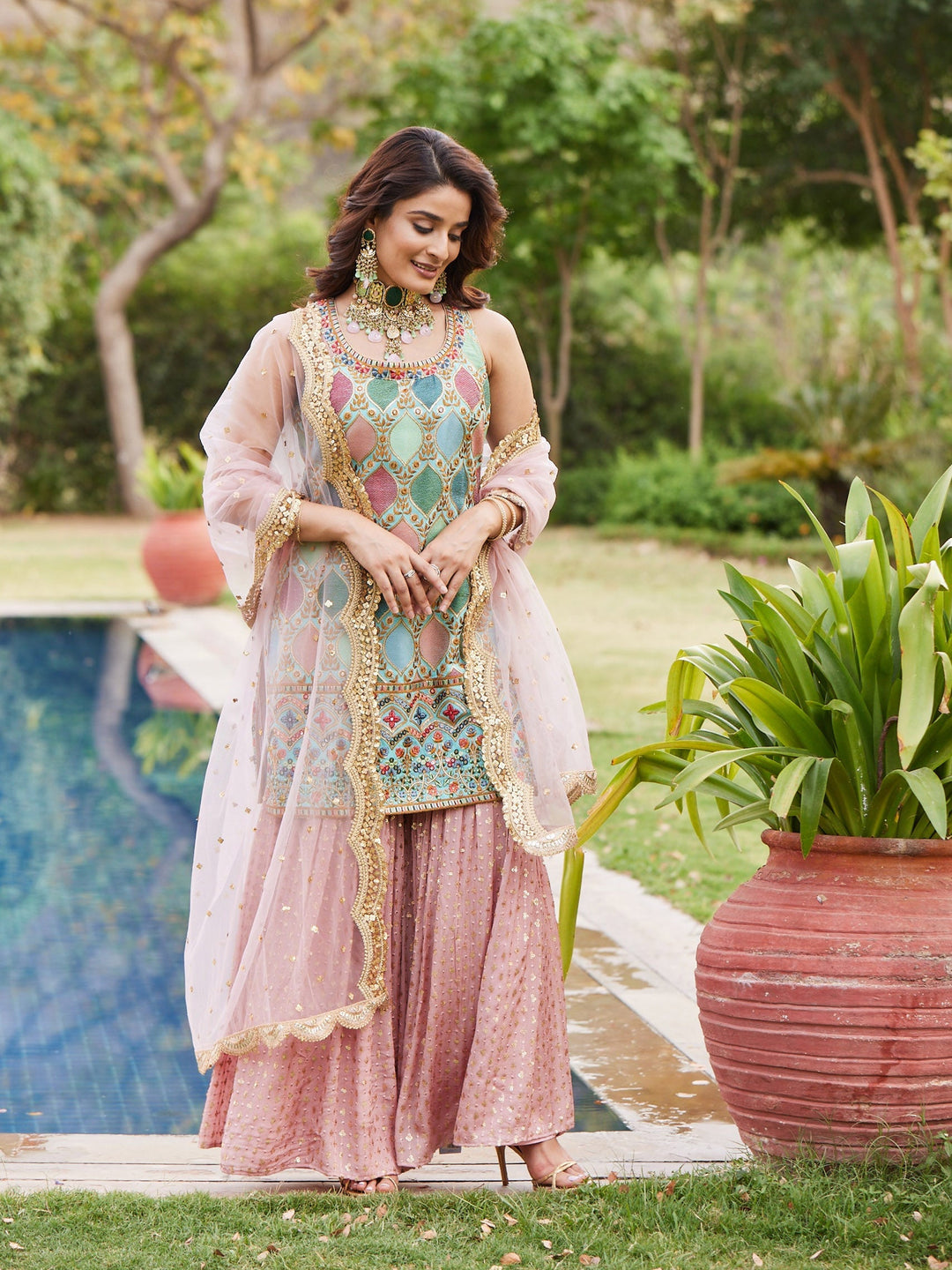 Resham Ghera Embroidered Georgette Kurti With Garara &amp; Dupatta