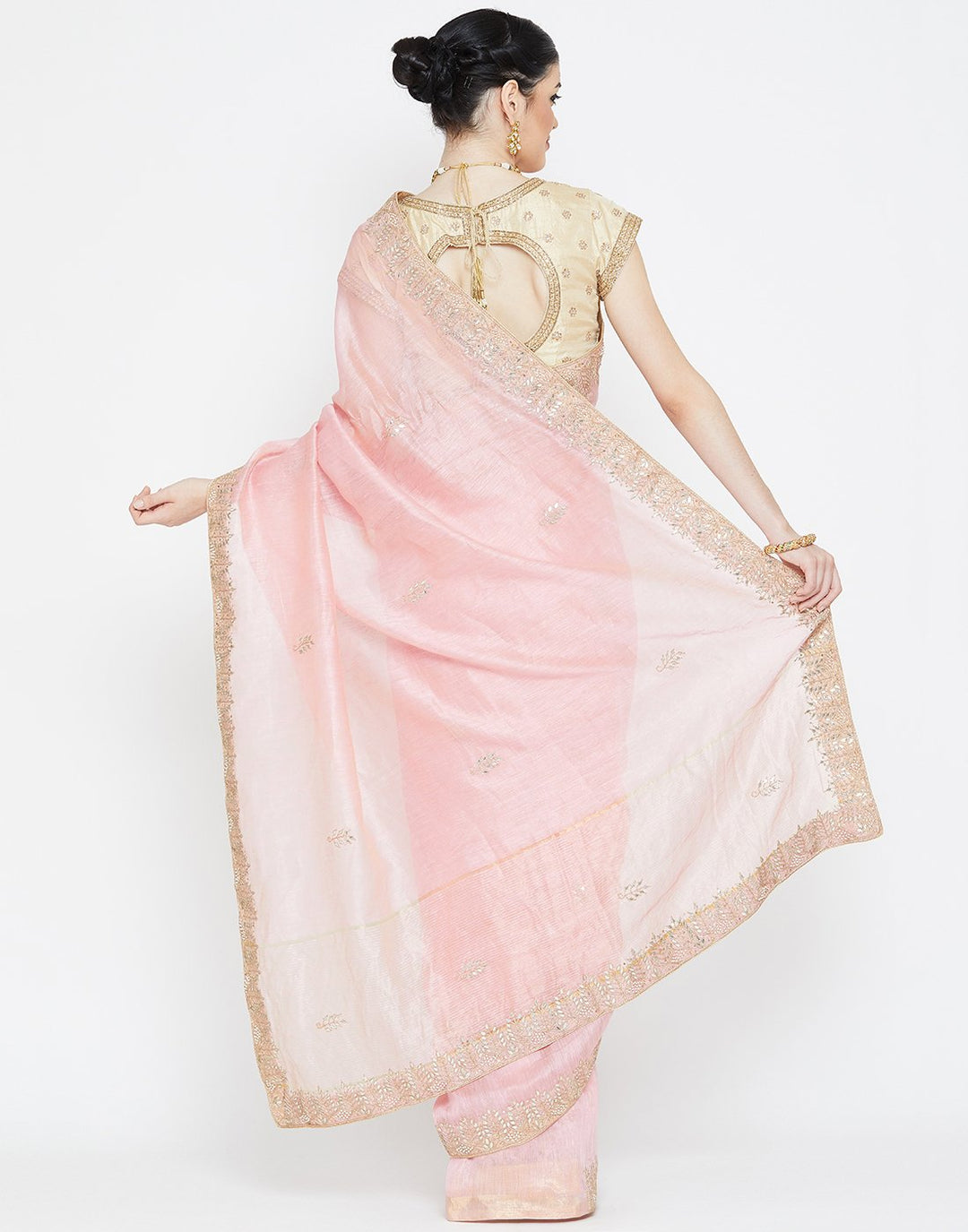 MBZ Meena Bazaar-Pink Cotton Linen Saree