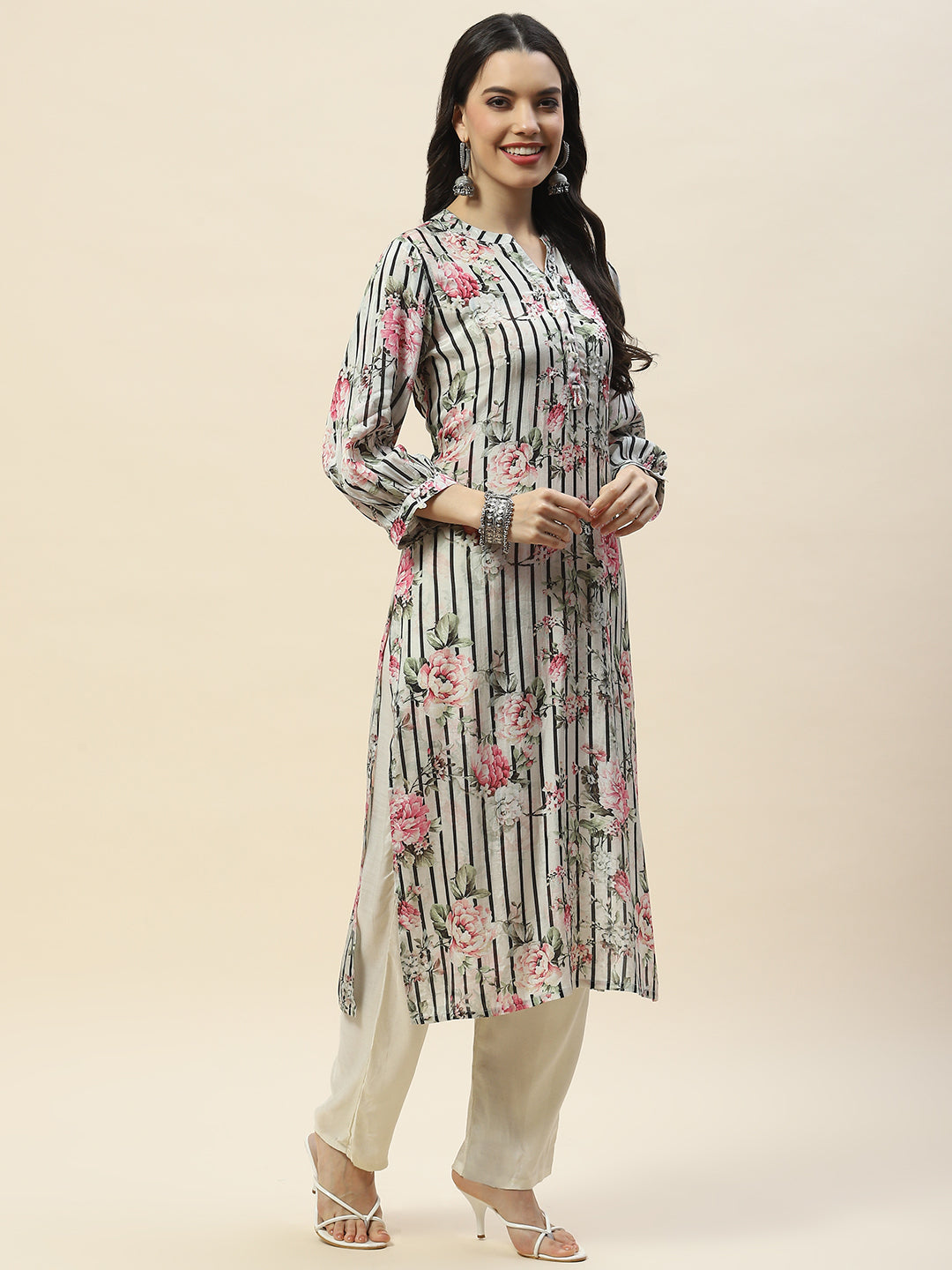 Floral Print Muslin Kurta With Pants