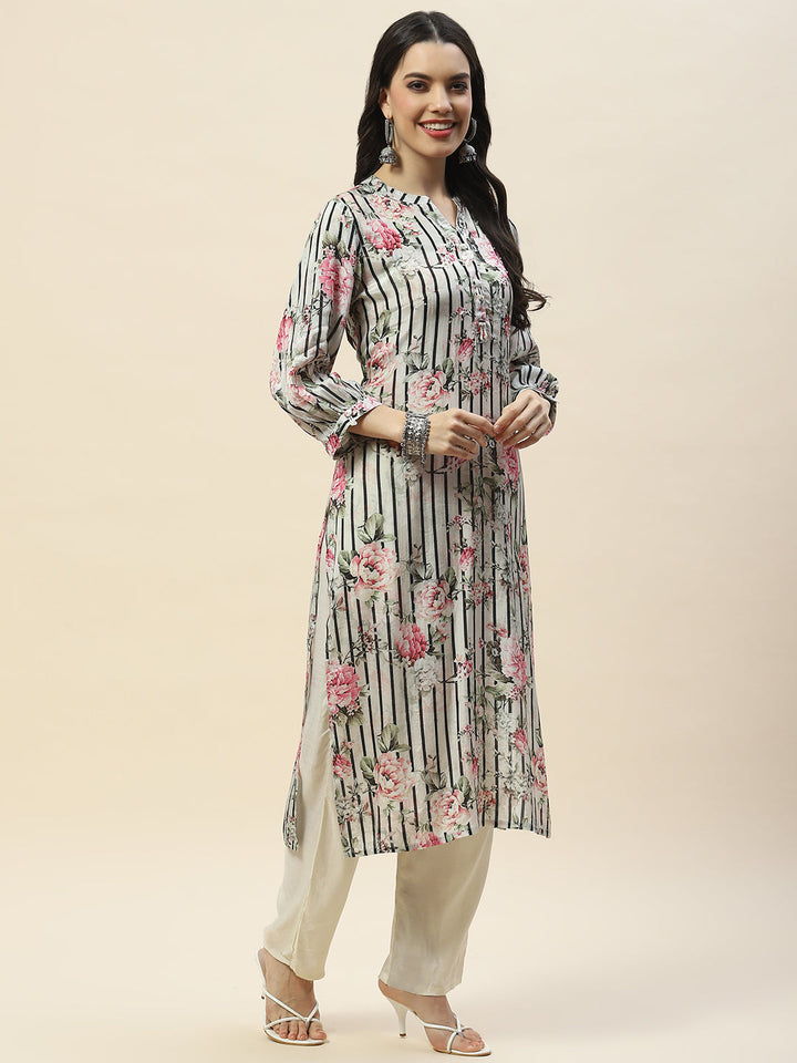 Floral Print Muslin Kurta With Pants