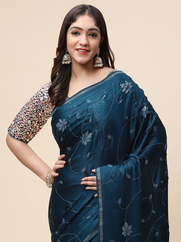 Stone Jaal Embroidered Satin Saree