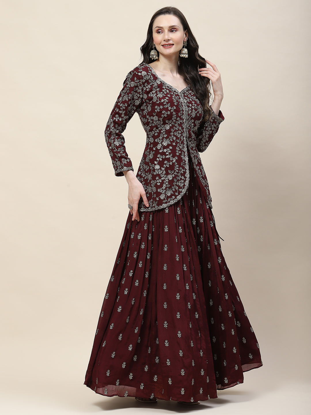 Sequin Zari Embroidered Georgette Choli With Lehenga &amp; Dupatta