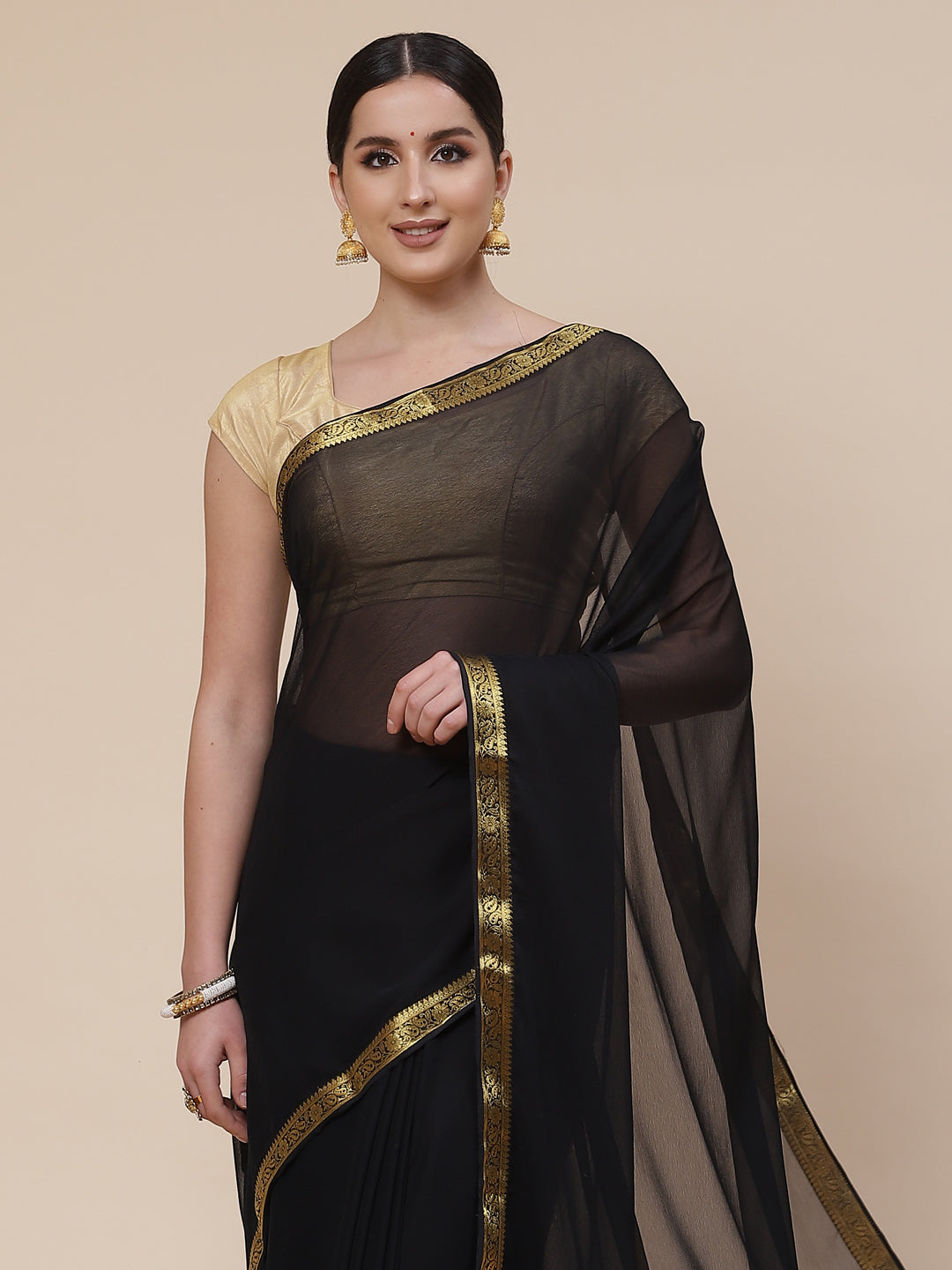 Piped Border Chiffon Plain Saree