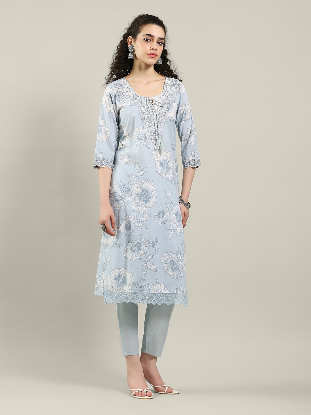 Printed Cotton Blend Kurta With Pants &amp; Dupatta
