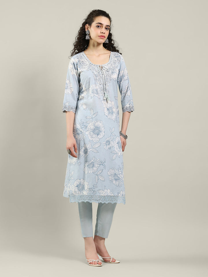 Printed Cotton Blend Kurta With Pants &amp; Dupatta
