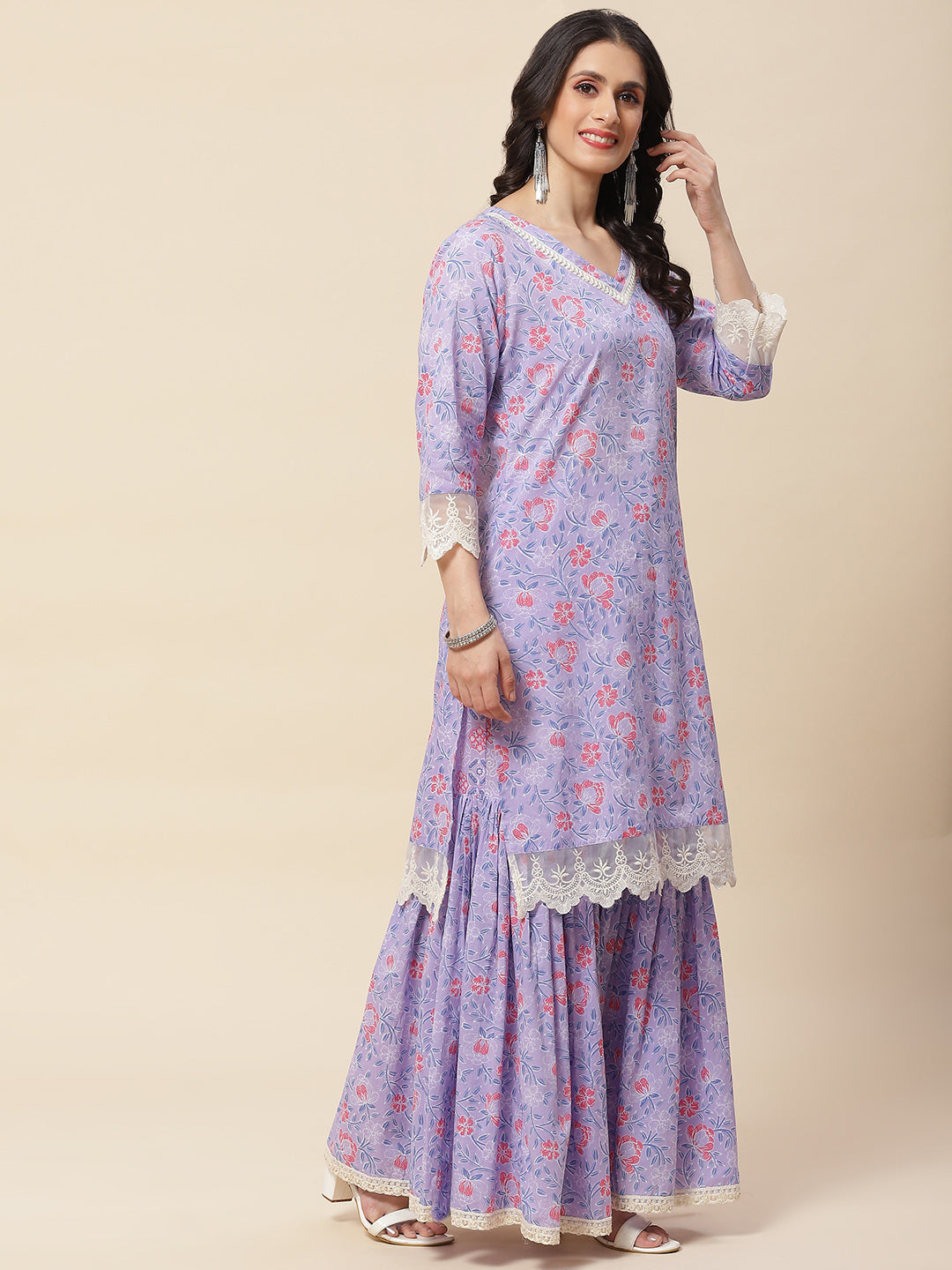 Floral Printed Cotton Kurta With Sharara