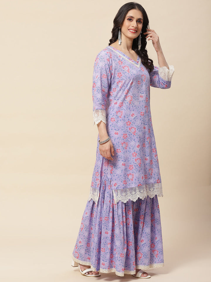 Floral Printed Cotton Kurta With Sharara