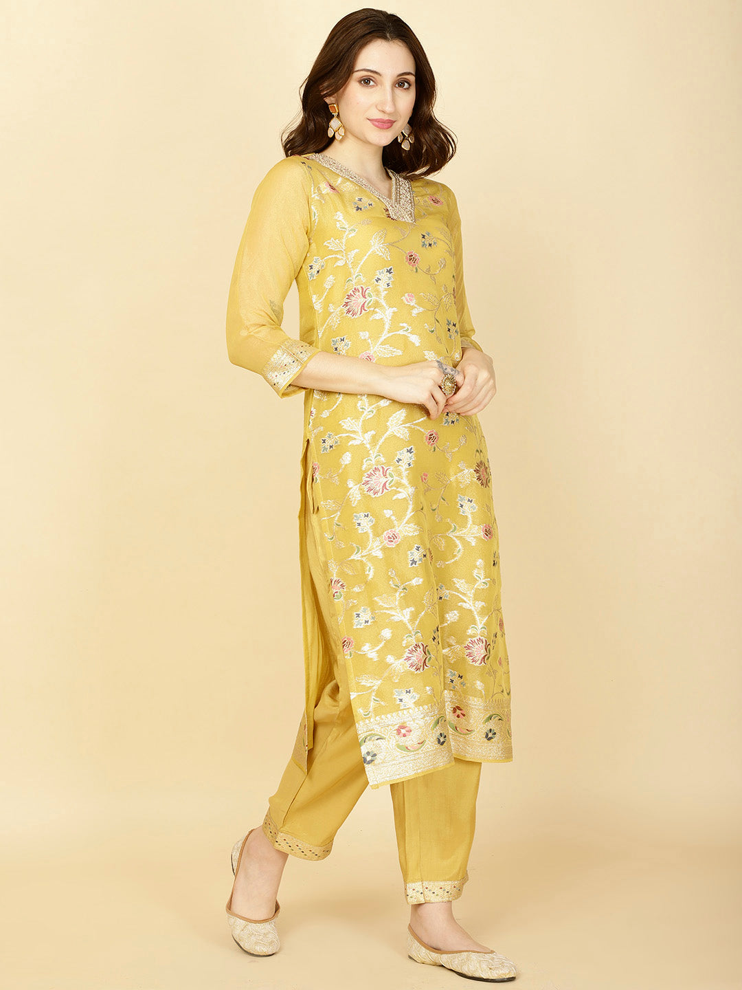 Floral Woven Tissue Kurta With Pants &amp; Dupatta