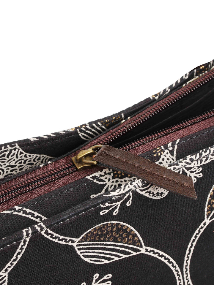 Black Printed Cotton Handbag With Pouch