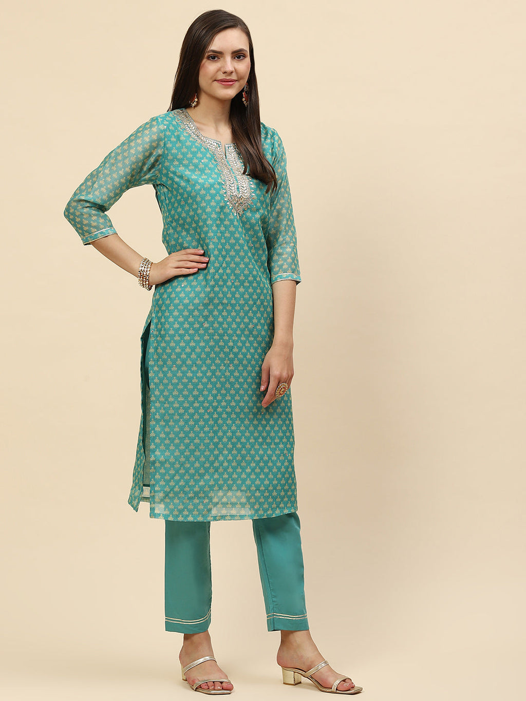 Gota Neck & Printed Chanderi Kurta With Pants