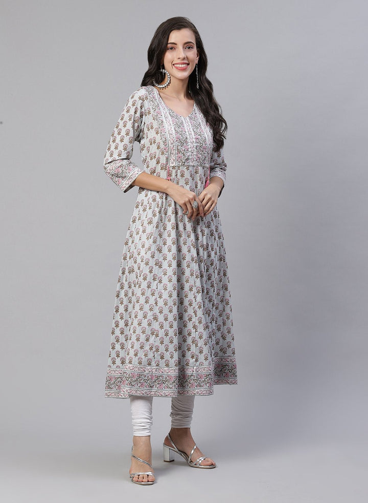 Printed Cotton Anarkali Kurti With Yoke Detail