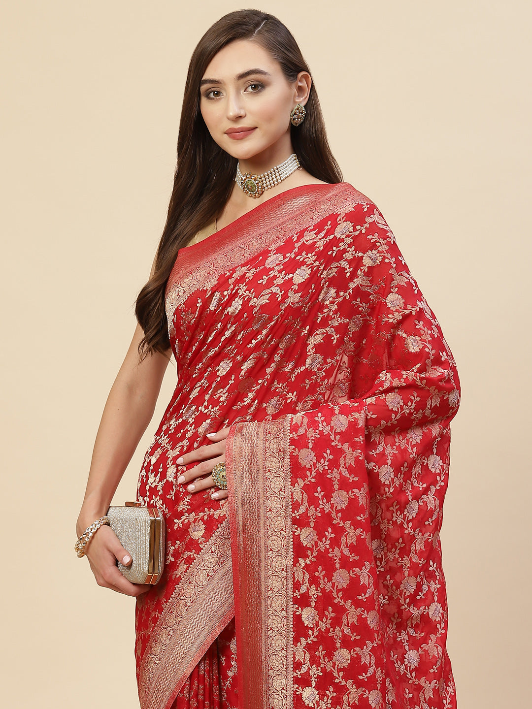 Floral Zari Jaal Georgette Plain Saree