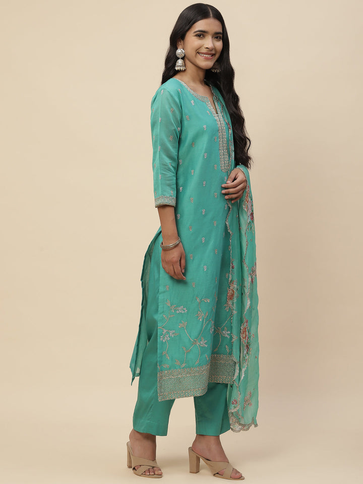 Resham Booti Cotton Kurta With Pants &amp; Dupatta