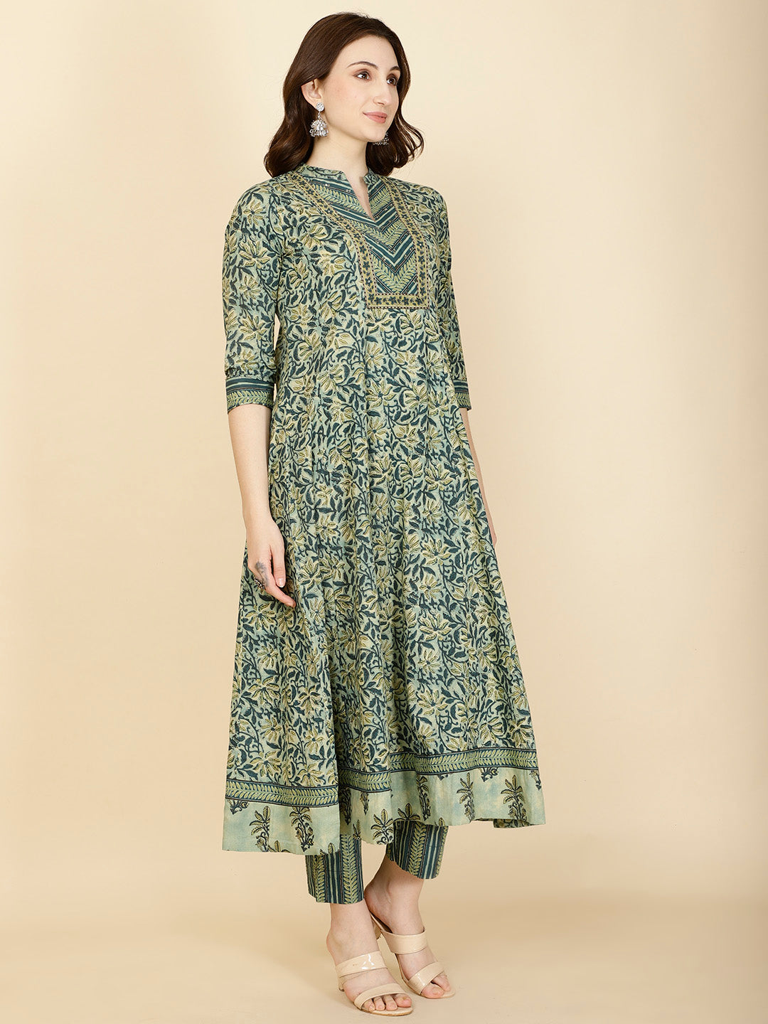 Floral Printed Cotton Anarkali Kurta With Pants &amp; Dupatta