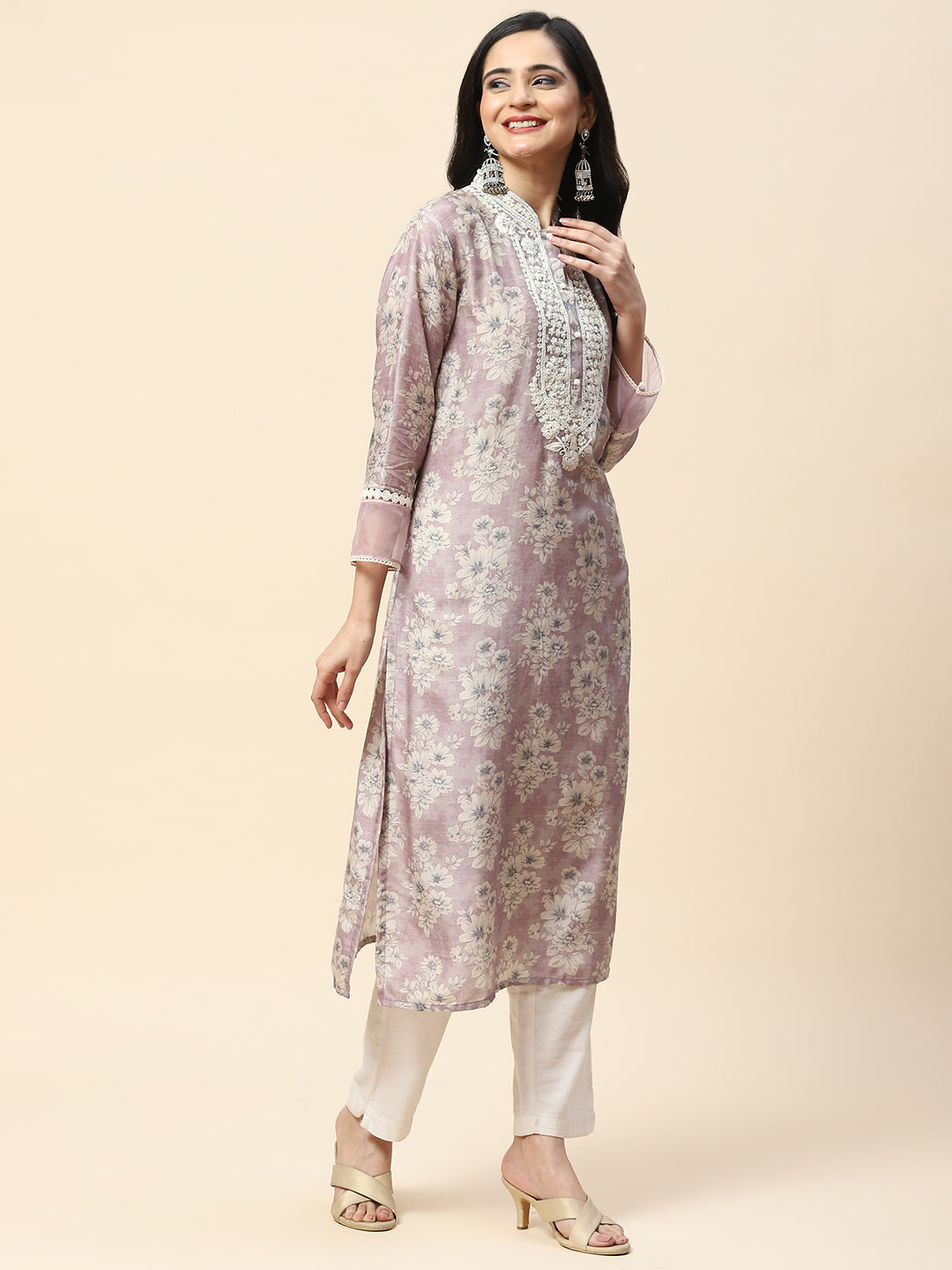 Printed With Resham Neck Embroidered Cotton Kurta