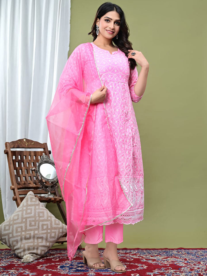 Embroidered Cotton Blend Kurta With Pant &amp; Dupatta