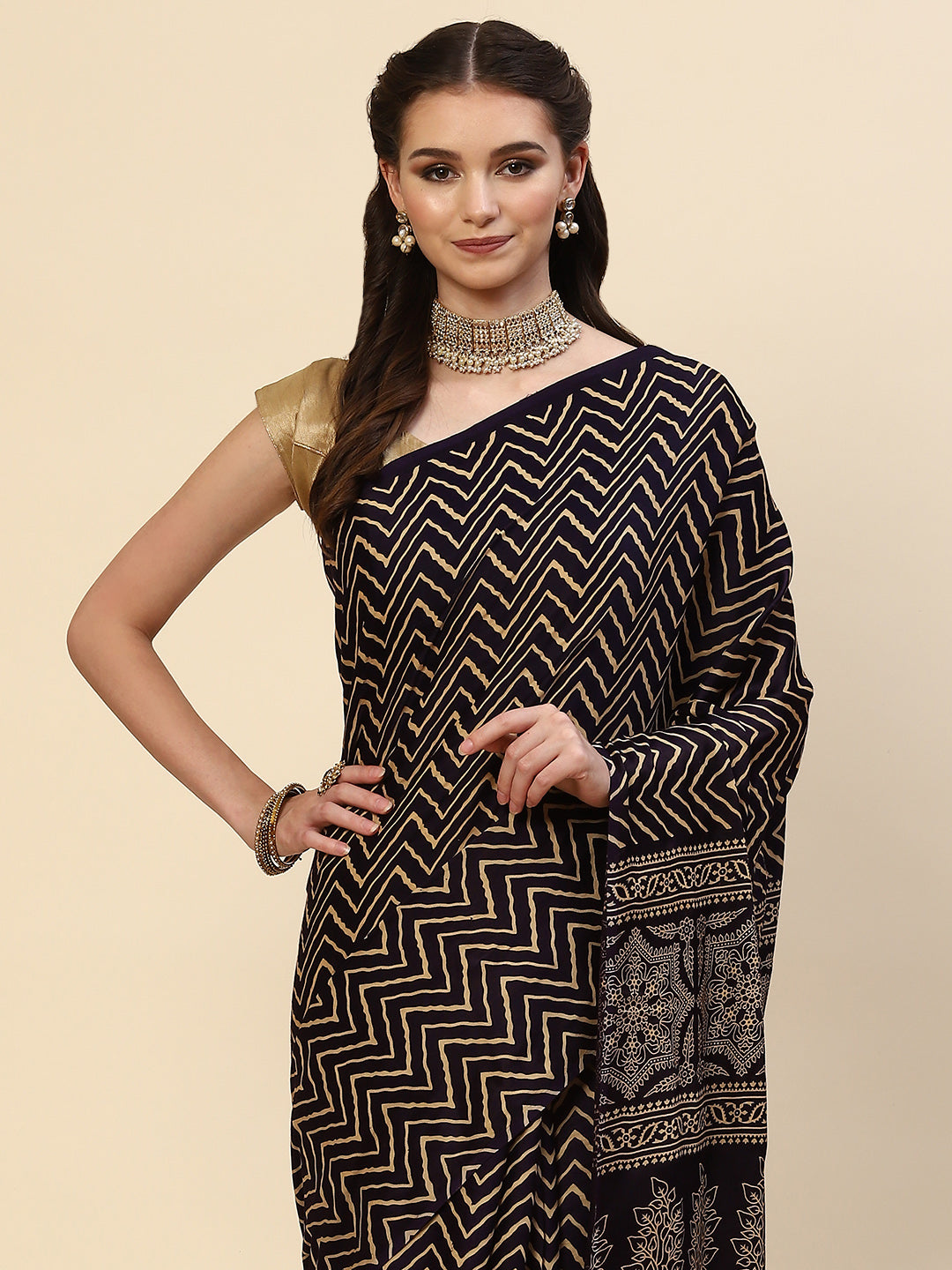 Zig Zag Printed Satin Saree