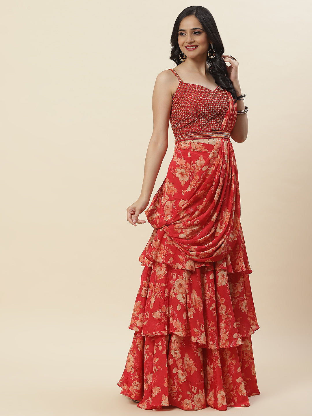 Floral Printed Crepe Choli With Skirt &amp; Dupatta