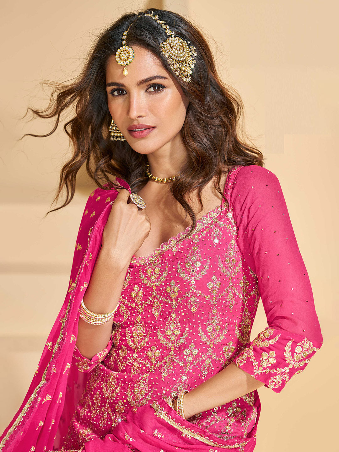 Embroidered Georgette Kurti With Skirt &amp; Dupatta