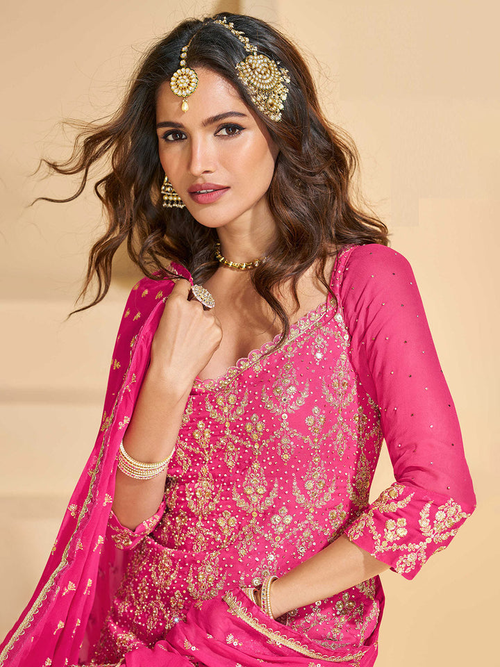 Embroidered Georgette Kurti With Skirt &amp; Dupatta