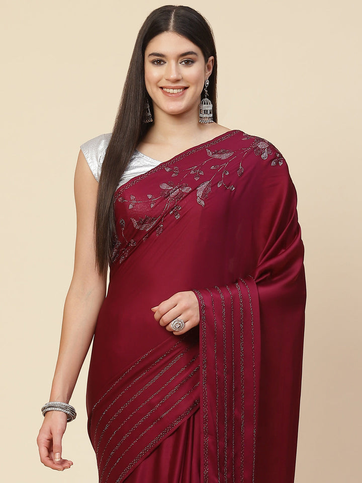 Stone Work Embroidered Satin Saree