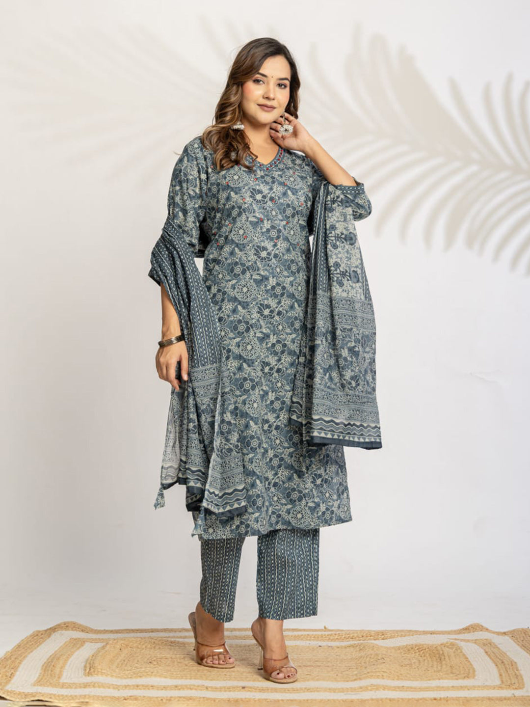 Grey Embroidered Cotton Blend Straight Suit Set With Dupatta