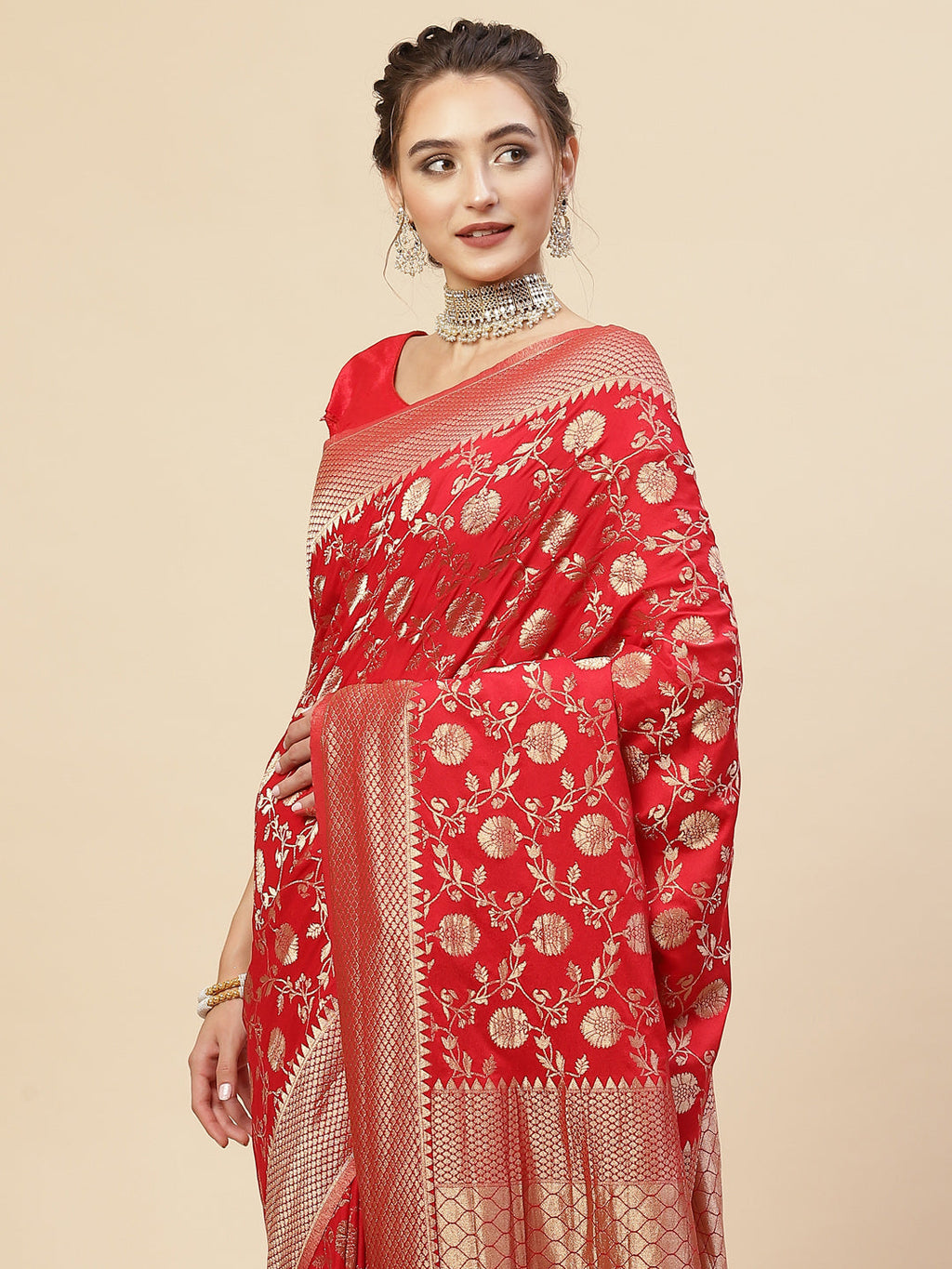 Floral Zari Border Booti Georgette Plain Saree