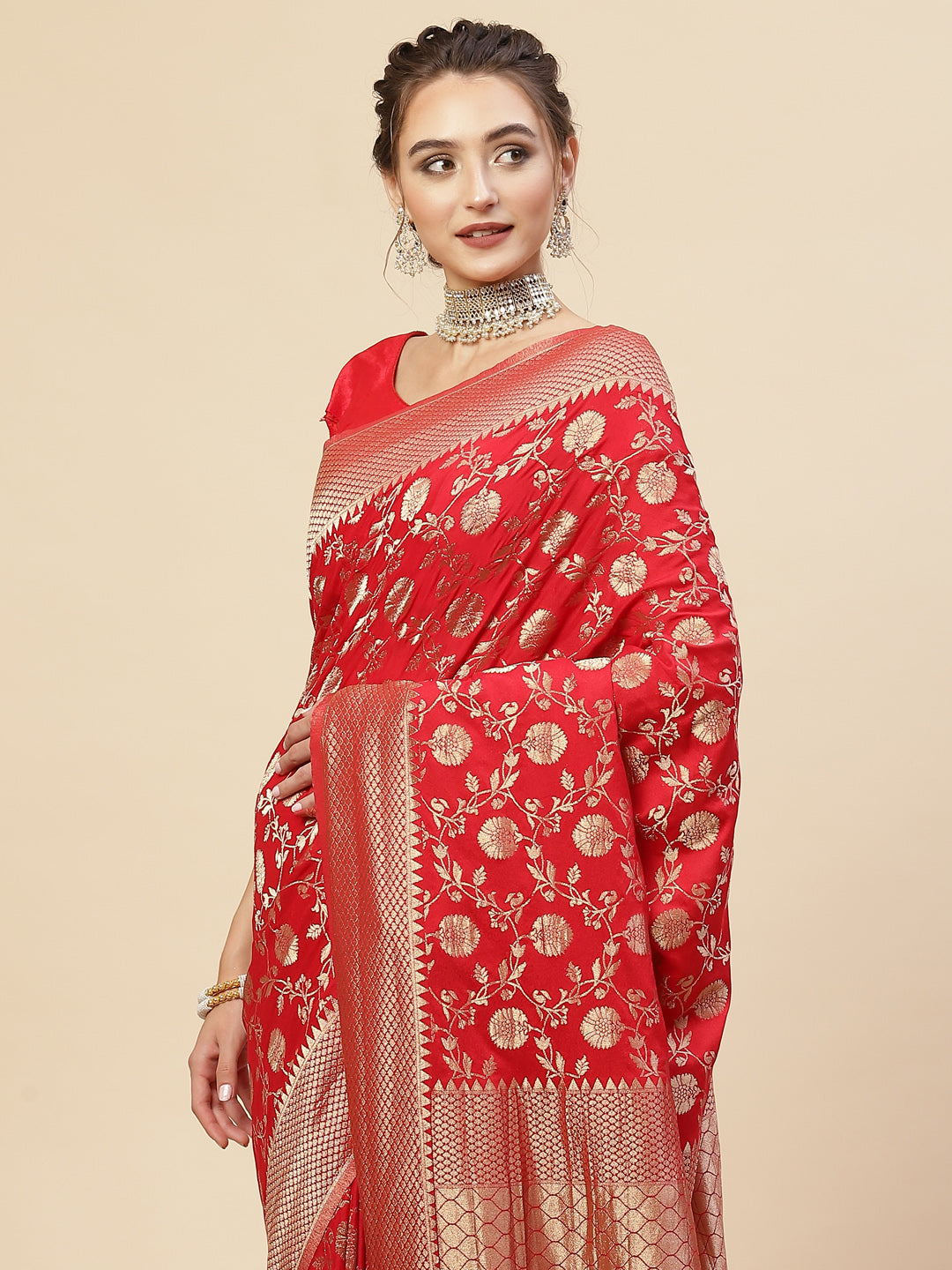 Floral Zari Border Booti Georgette Plain Saree