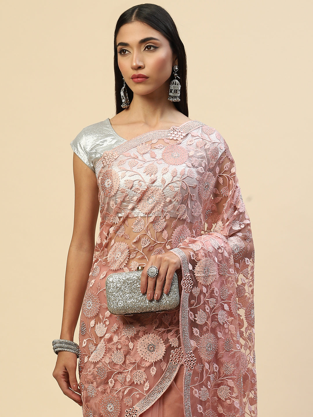 Floral Embroidered Net Saree