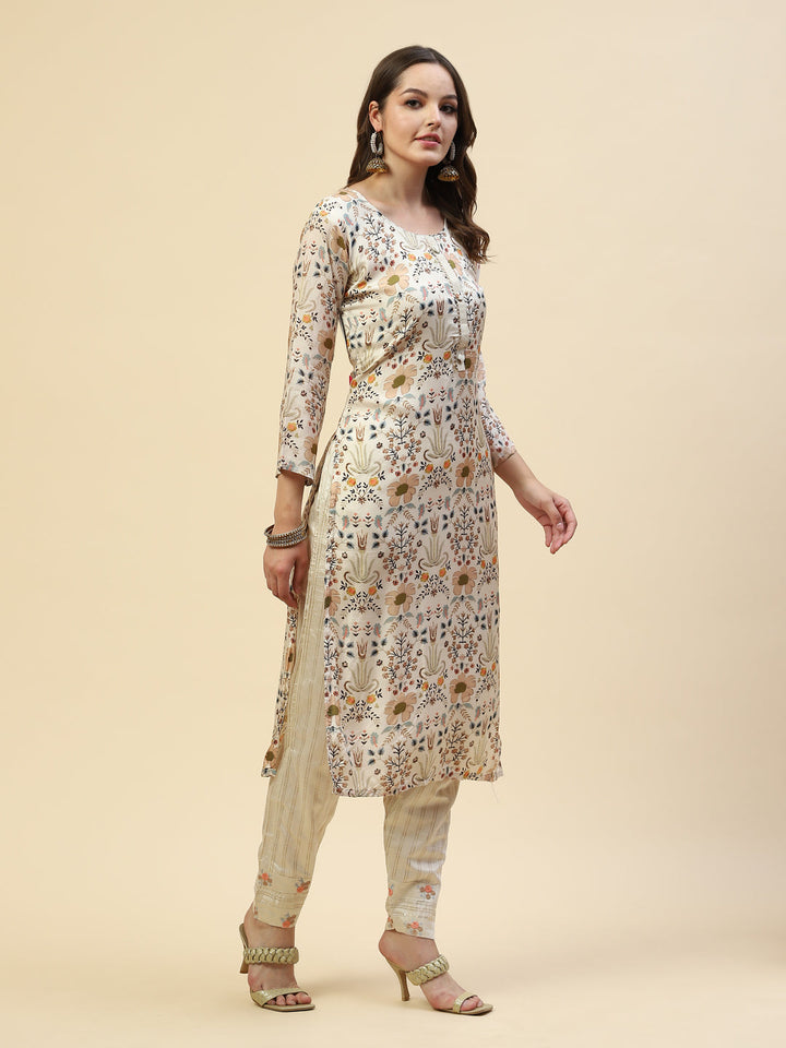 Floral Printed Cotton Kurta With Pants &amp; Cotton Dupatta