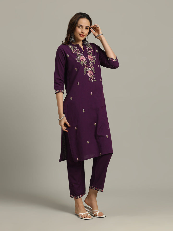 Resham Embroidered Cotton Kurta With Pants &amp; Dupatta