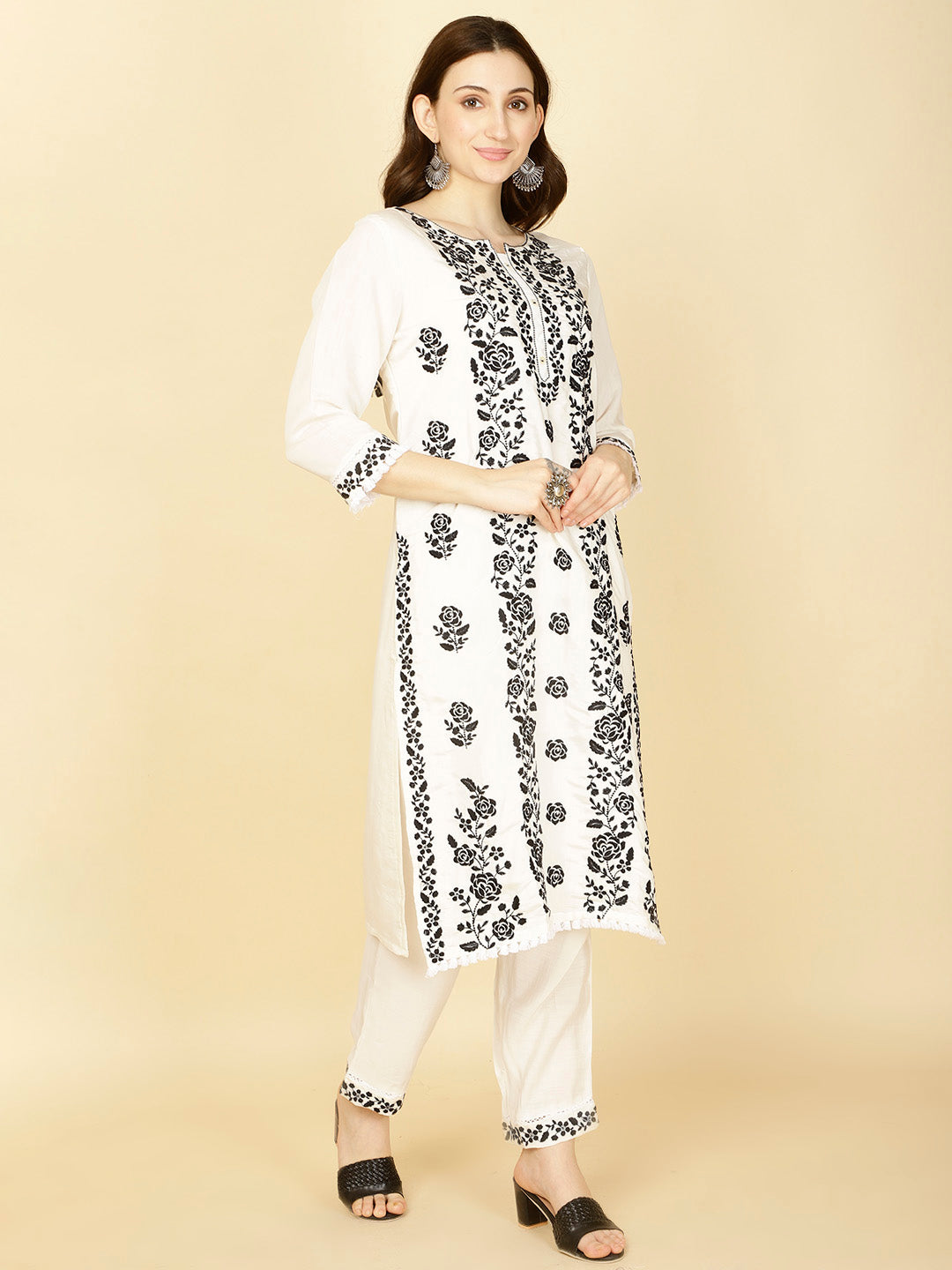 Resham Embroidery Cotton Kurta With Pants &amp; Dupatta