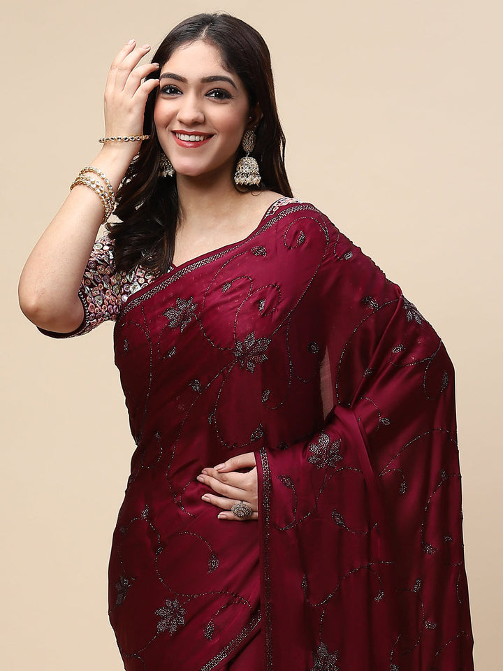 Stone Jaal Embroidered Satin Saree
