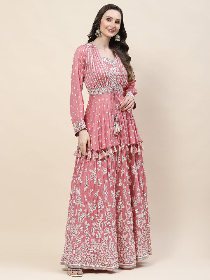 Resham Jaal Embroidery Crepe Choli  Jacket With Lehenga &amp; Dupatta