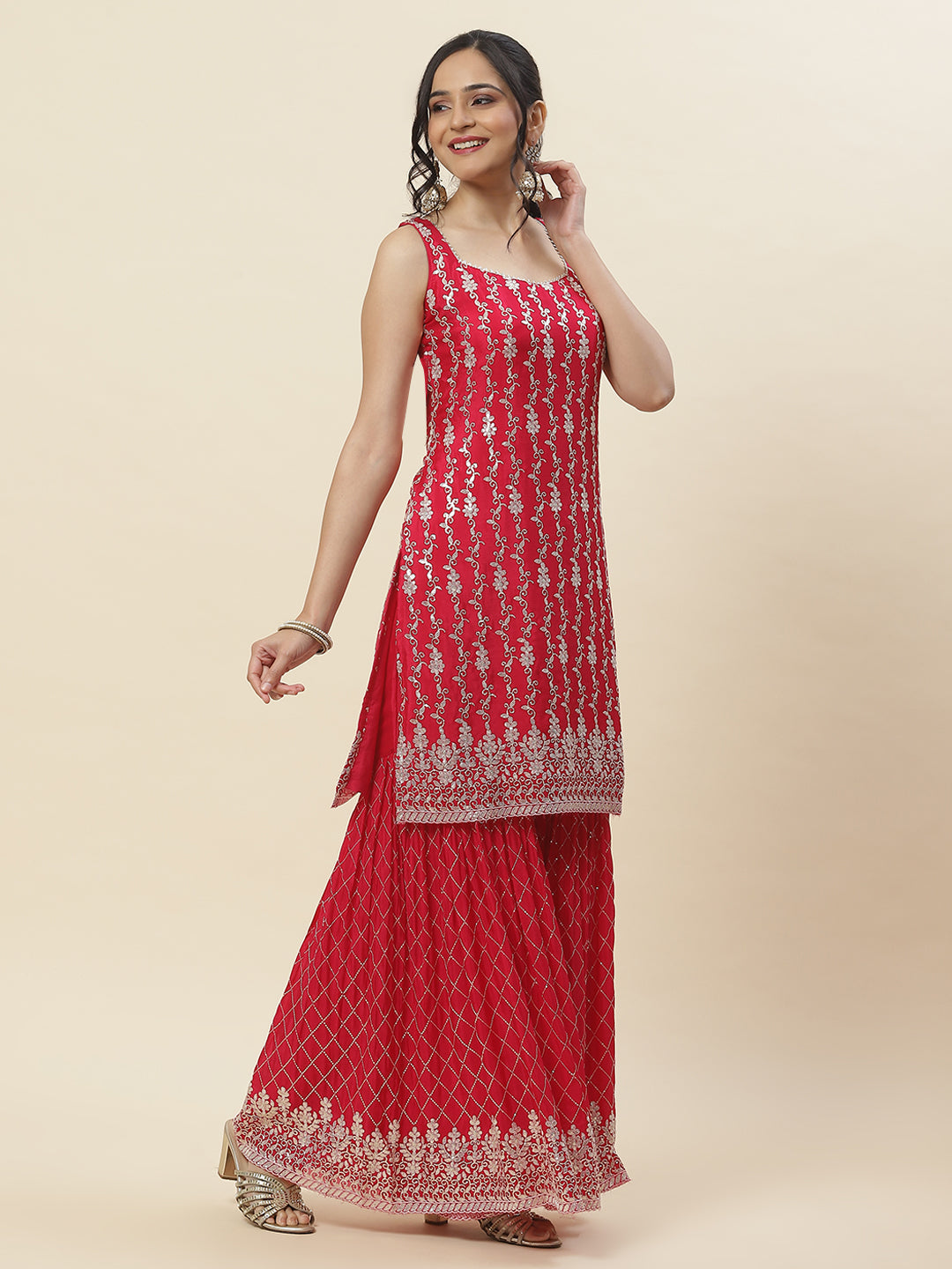 Sequin Embroidered Crepe Kurti With Garara &amp; Dupattta